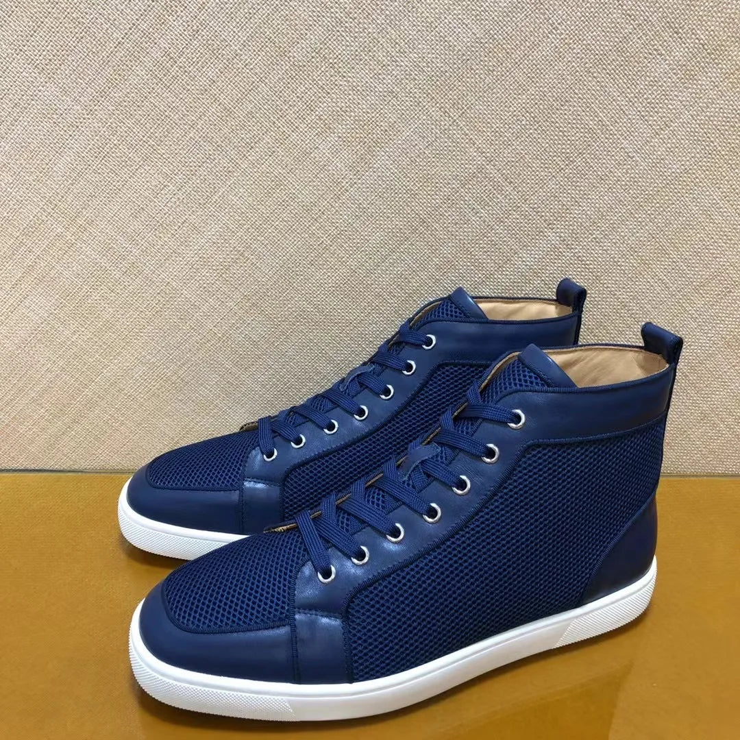Sneakers Montantes Cuir Grille Bleue Semelle Rouge Unisexe – CLEVI Paris