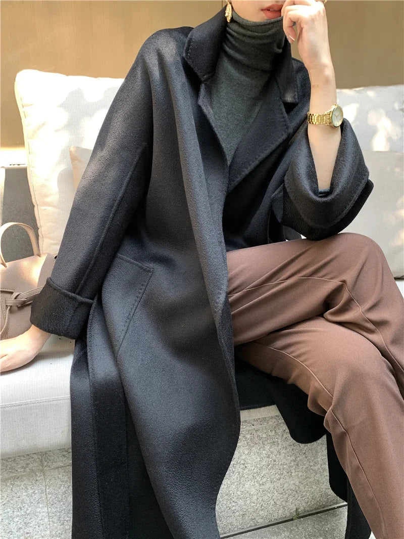 Manteau long femme en laine à ceinture – CLEVI Paris
