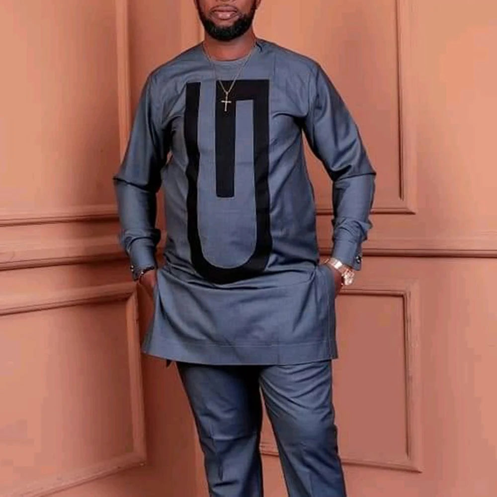 Ensemble 2 Pièces Homme Style Africain Chemise Manches Longues Col Rond + Pantalon Cordon Élégant XS-XXL – CLEVI Paris