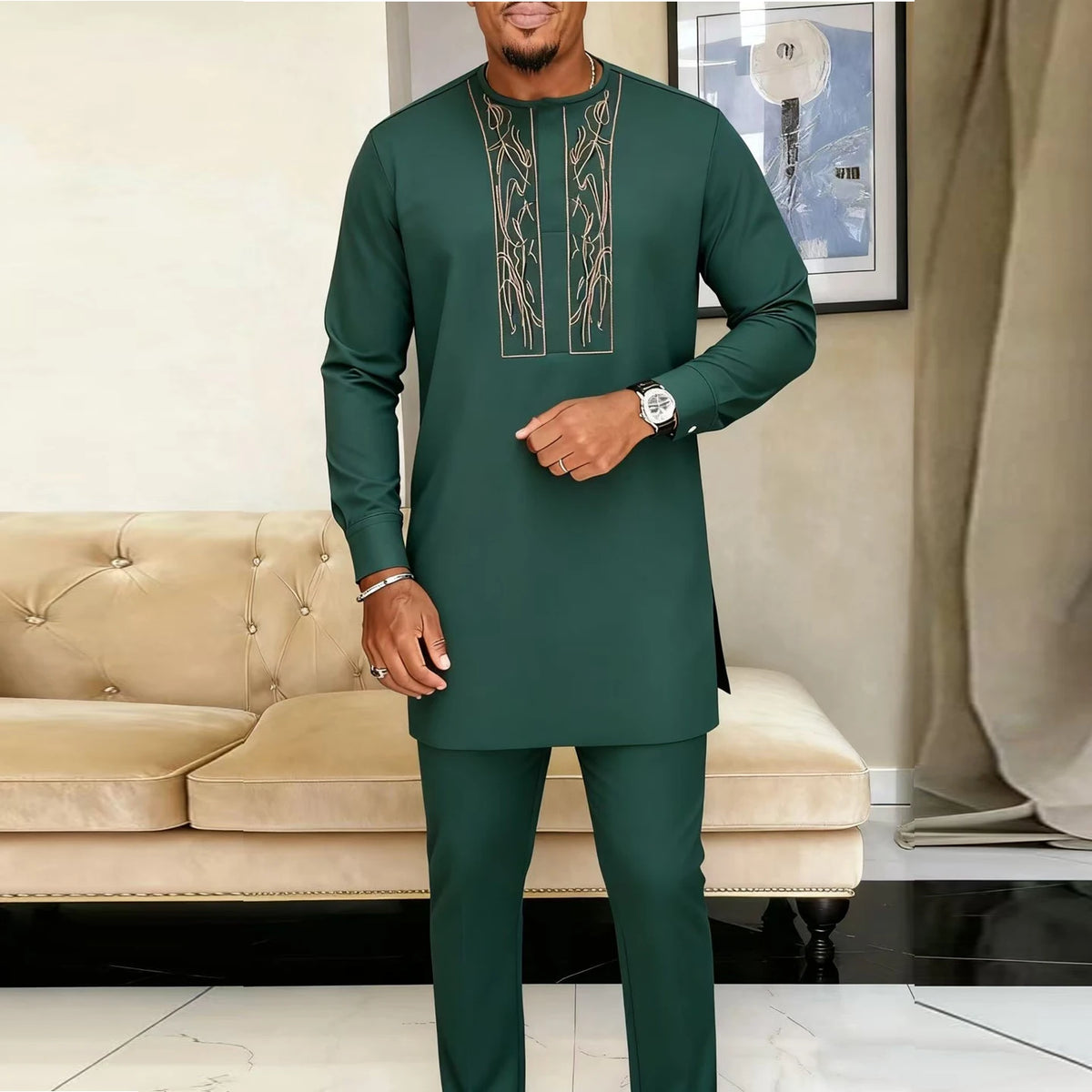 Ensemble Kaftan Africain Homme 2 Pièces – Costume Brodé Manches Longues – CLEVI Paris