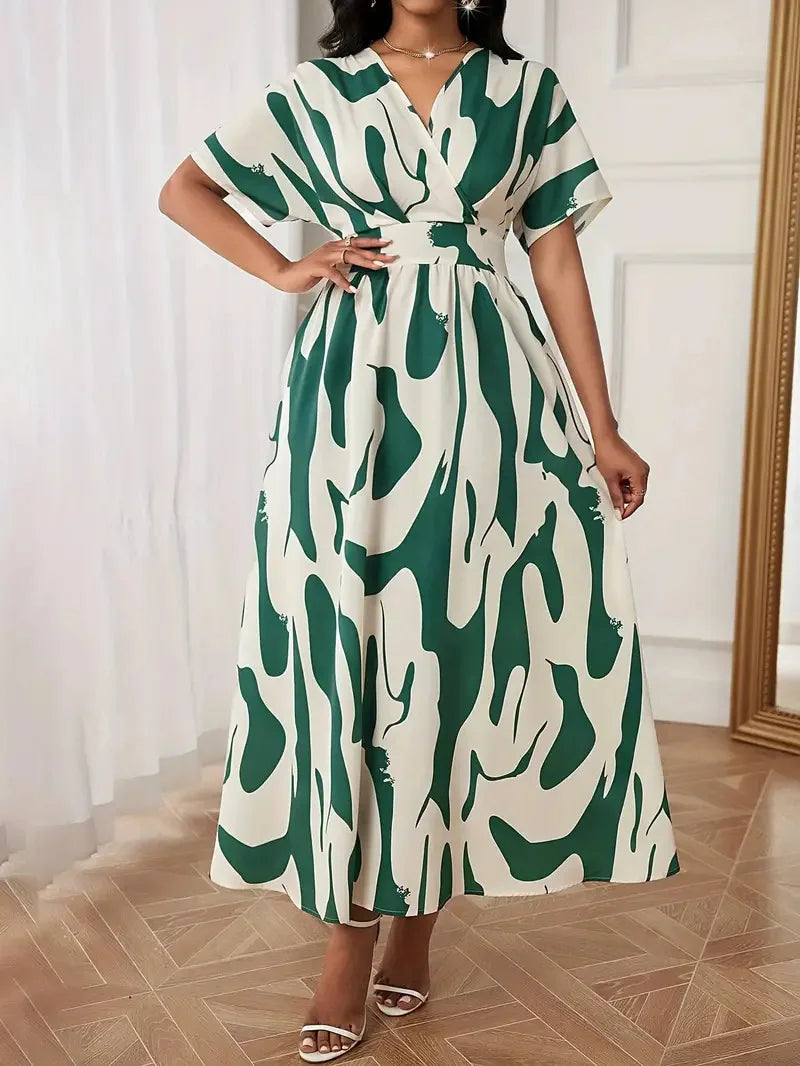 Robe Femme Col V Manches Courtes Imprimé Abstrait A-Line Taille Empire Casual Été – CLEVI Paris