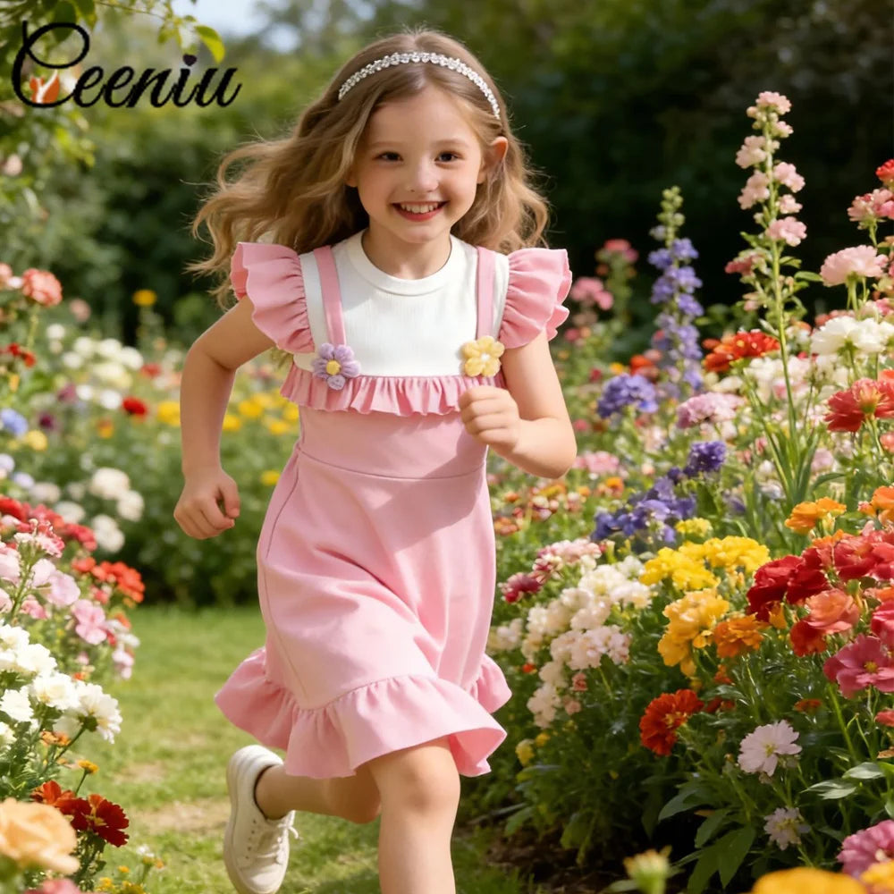 Robe fille rose à fleurs en relief – CLEVI Paris