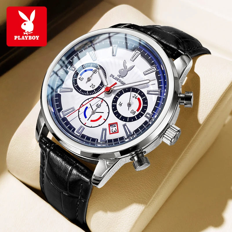 PLAYBOY 3305 Montre Homme Quartz Chronographe Calendrier Cuir 40mm 30M – CLEVI Paris