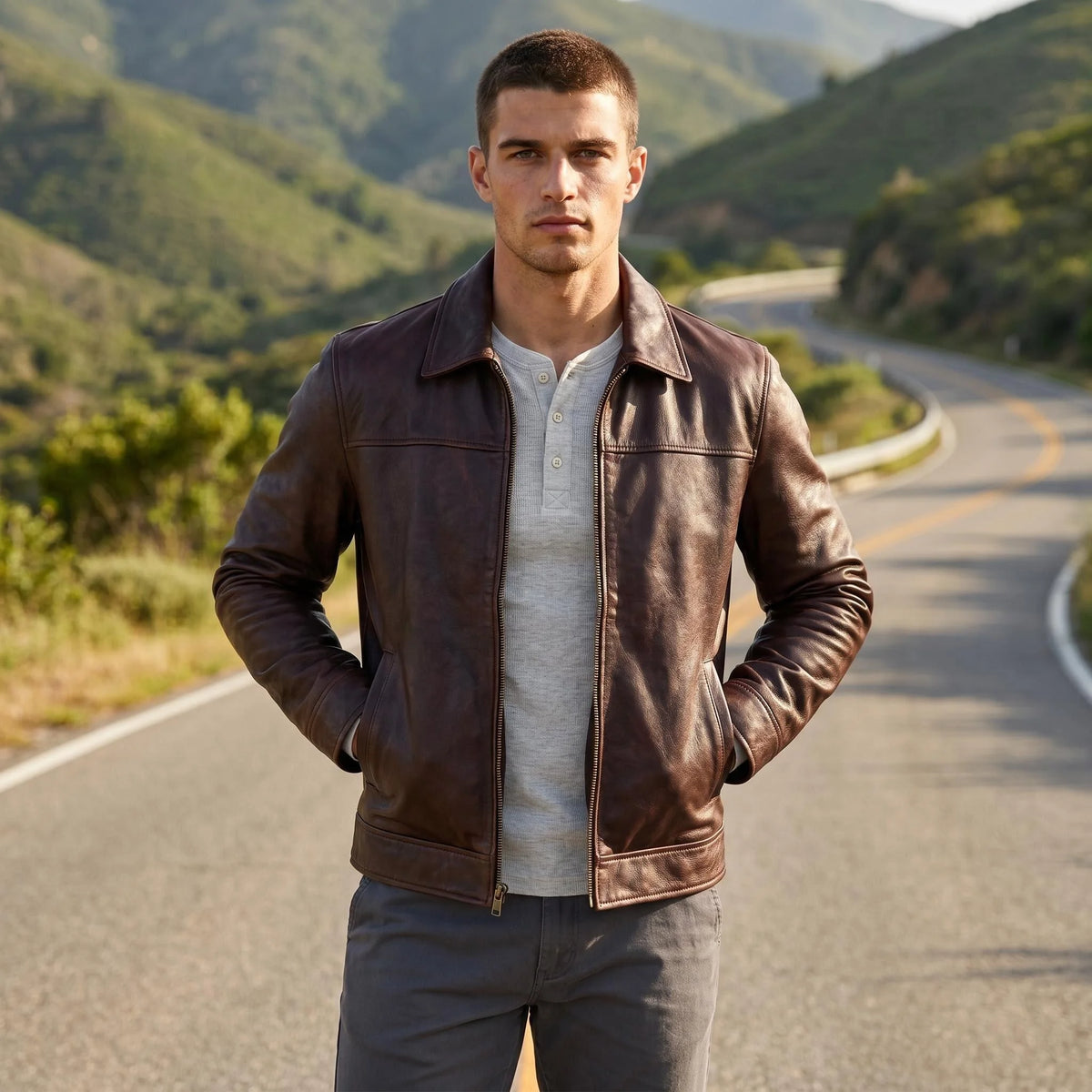Veste homme en cuir de vache, col rond – CLEVI Paris