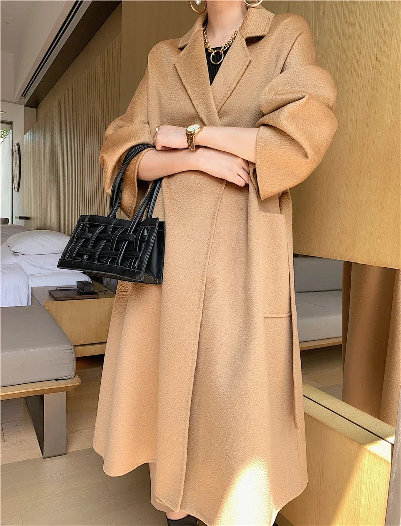 Manteau long femme en laine à ceinture – CLEVI Paris