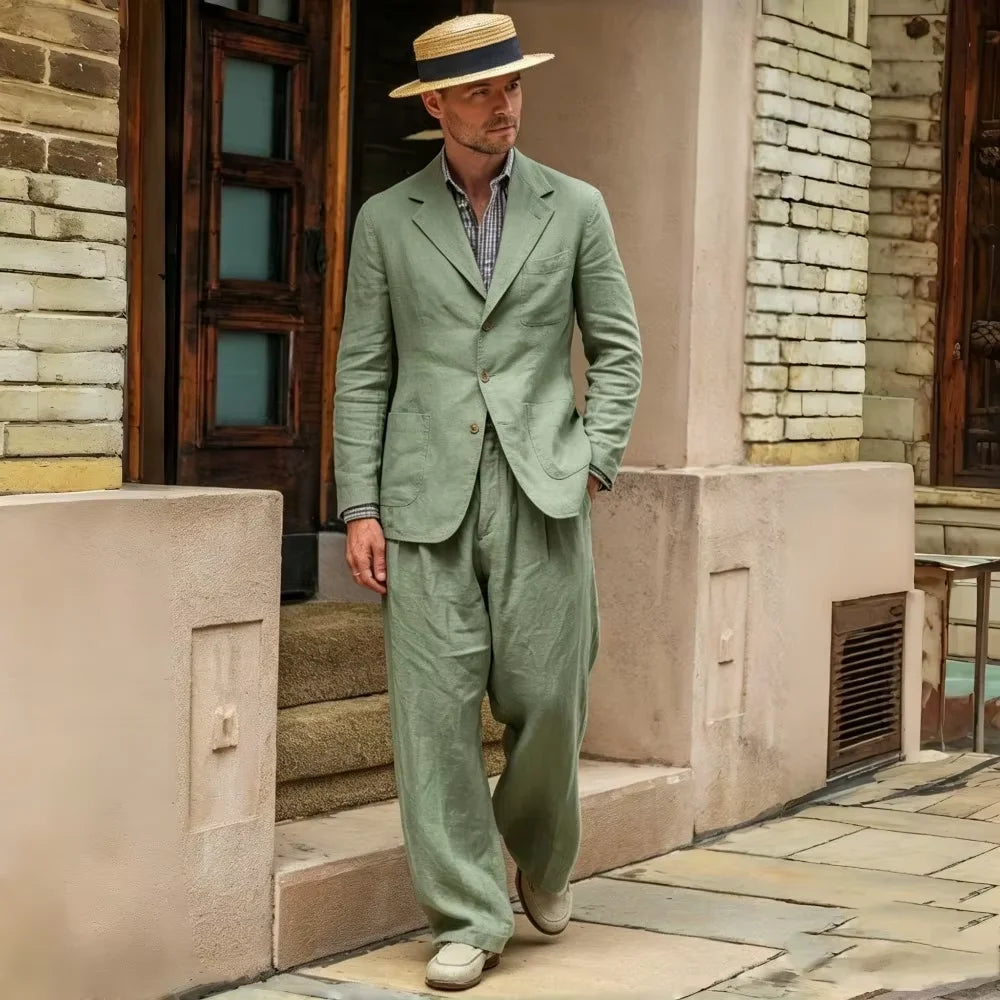 Costume Homme 2 Pièces Lin Coton Blazer Col Cranté + Pantalon Jambe Droite Smart Casual Mariage Été 7 Coloris – CLEVI Paris