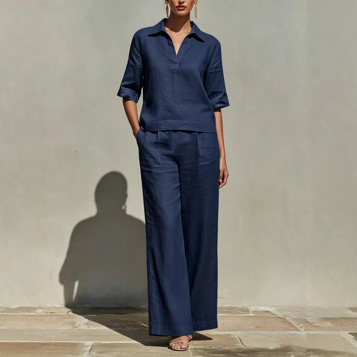Ensemble Femme Blouse Col Polo et Pantalon Large – CLEVI Paris
