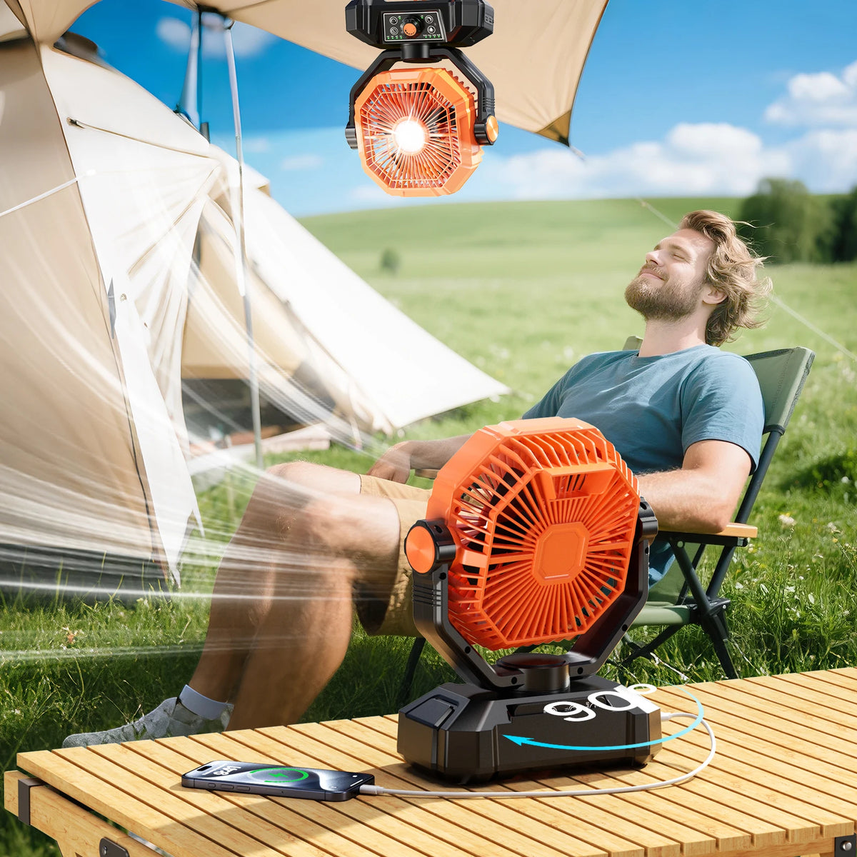 Ventilateur de camping 20000 mAh, LED, télécommande – CLEVI Paris