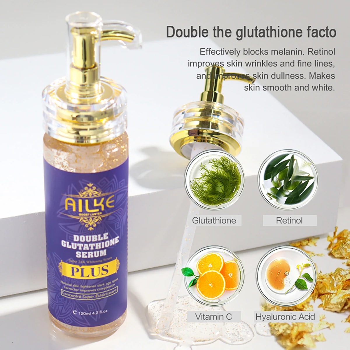 Gamme Double Glutathion PLUS AILKE – Sérum 24K Or, Lotion, Savon & Crème Anti-Taches – CLEVI Paris