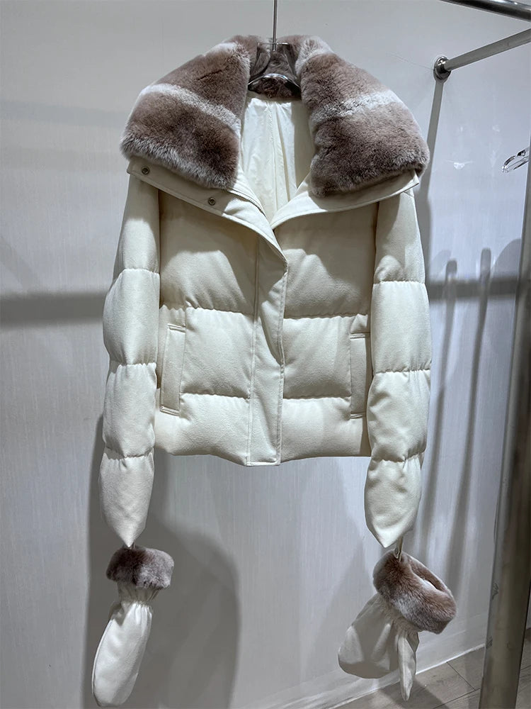 Doudoune femme courte col en lapin Rex – CLEVI Paris