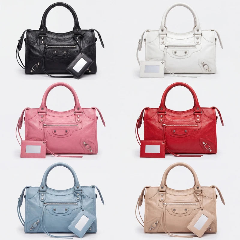 Sac À Main PU Froissé Rivets Femme Miroir & Pompon 4 Tailles – CLEVI Paris