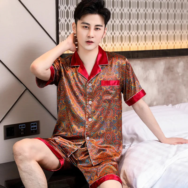 Pyjama Homme 2 Pièces Soie de Glace Satin Col Rabattu Manches Longues Style Luxe Imprimé Printemps Été – CLEVI Paris