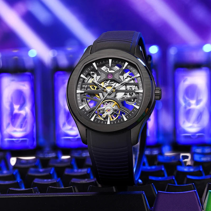 Montre Mécanique Homme Squelette Tourbillon – Boîtier Ovale Acier, Aiguilles Lumineuses & 3 Coloris