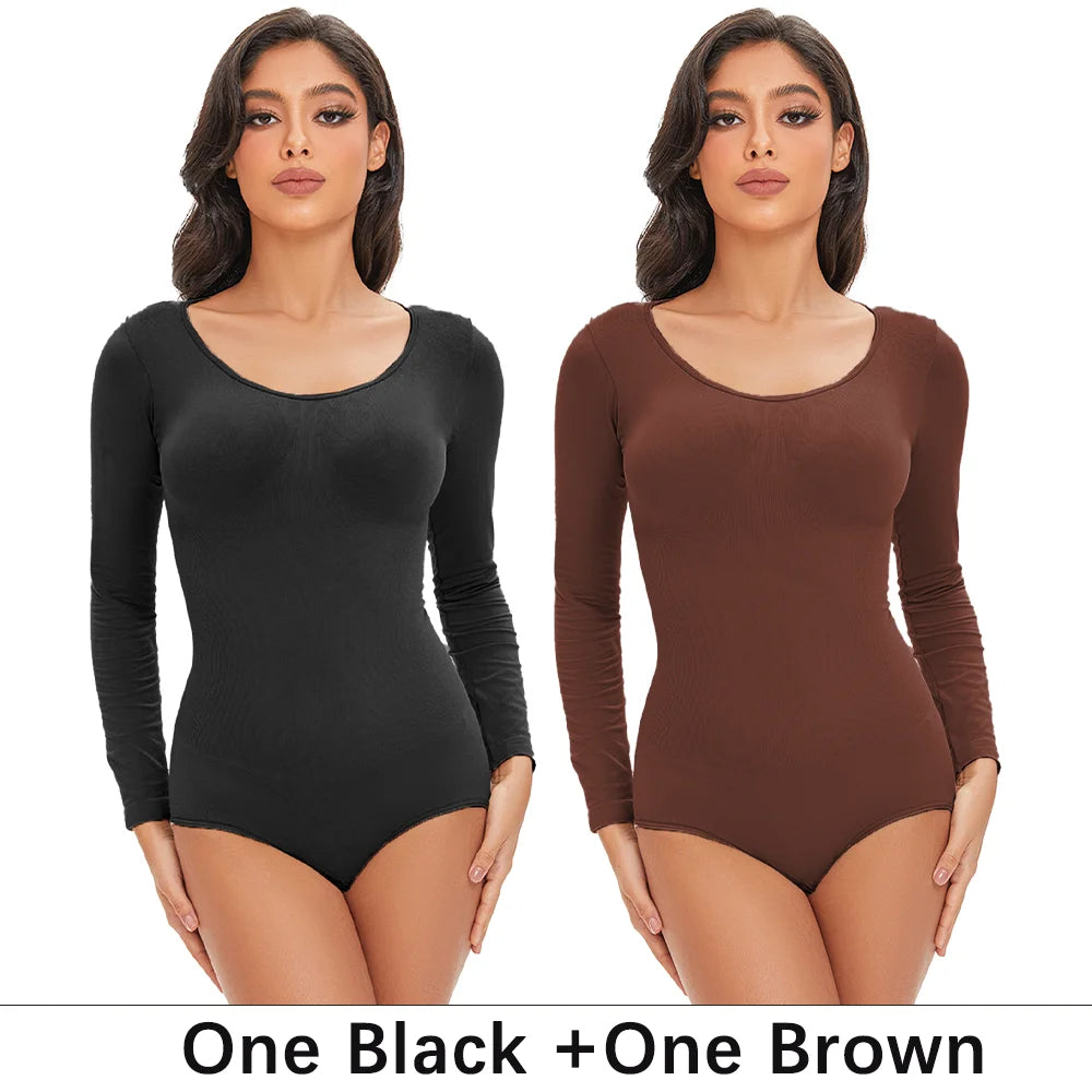 Gaine Gainante Femme Bodysuit Manches Longues Col Rond Sans Couture Contrôle Ferme Entrejambe Ouvert Minceur S-XXL – CLEVI Paris