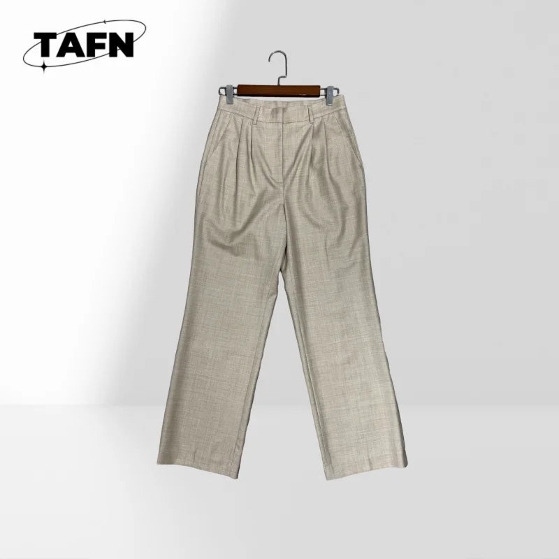 Ensemble 2 Pièces Femme Veste À Carreaux Col Rond Manches Longues + Pantalon Large Taille Mi-Haute Élégant OL – CLEVI Paris