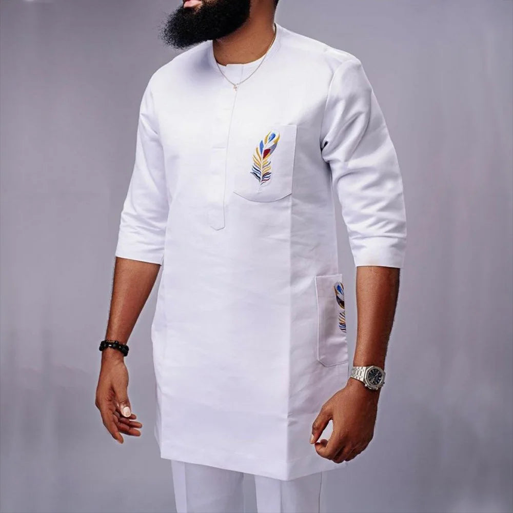 Ensemble 2 Pièces Homme Style Africain Chemise Manches Longues Col Rond + Pantalon Cordon Élégant XS-XXL – CLEVI Paris