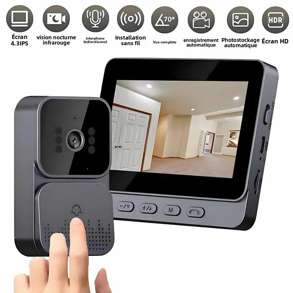 Interphone Vidéo Sans Fil 1080P – Écran Tactile 4,3" Vision Nocturne Empreinte Digitale Enregistrement Auto – CLEVI Paris