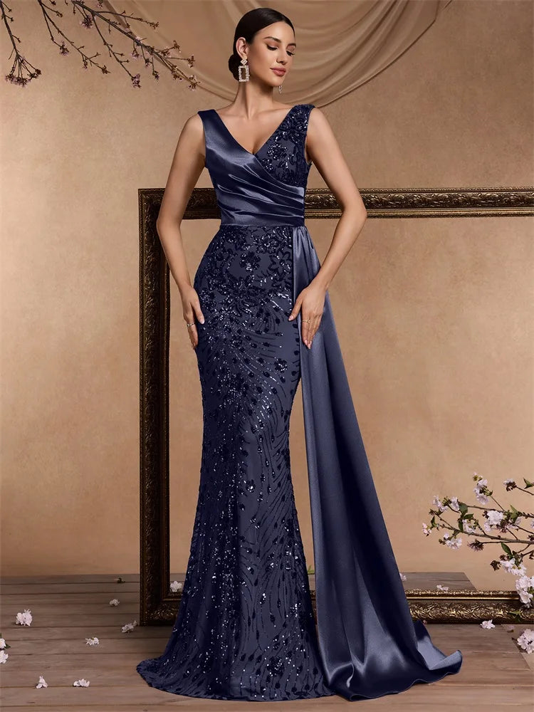 Robe sirène à paillettes avec col V – CLEVI Paris