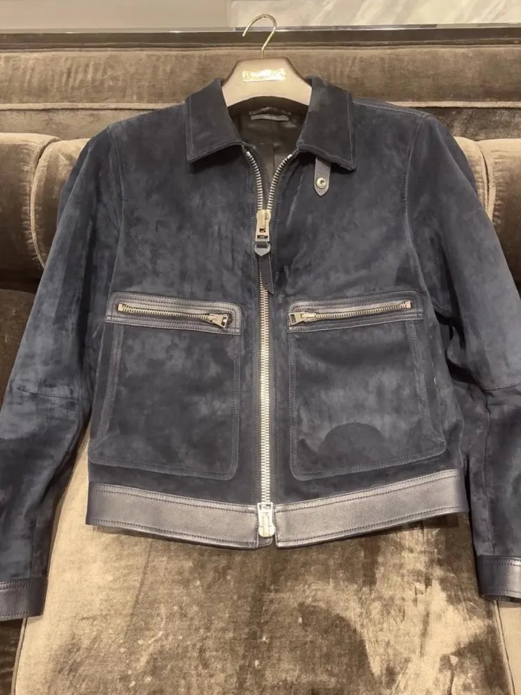Blouson homme bleu foncé aspect daim – CLEVI Paris