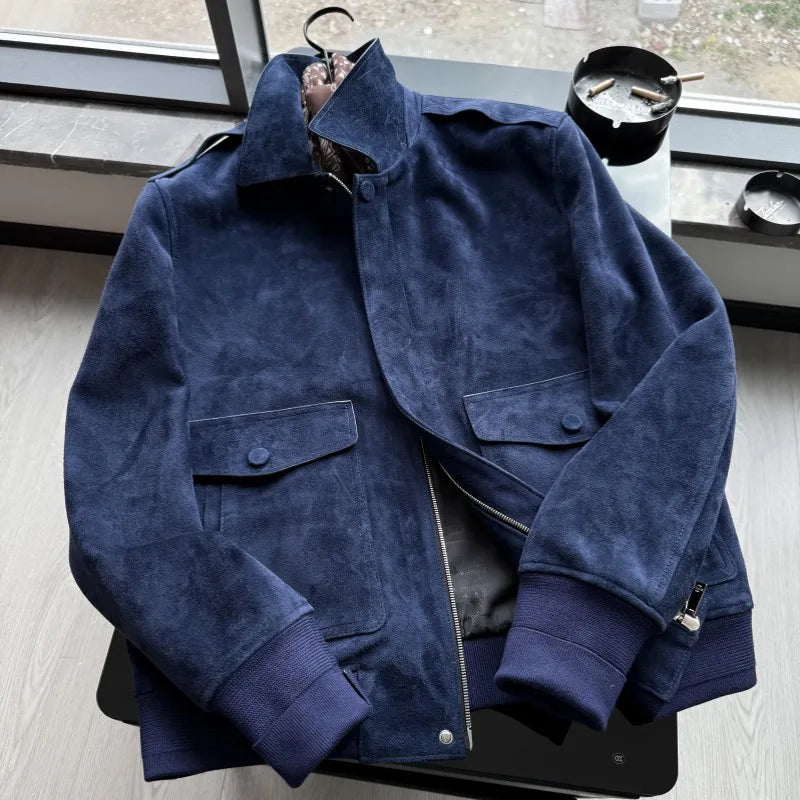 Veste homme en cuir bleu profond à col rabattu – CLEVI Paris