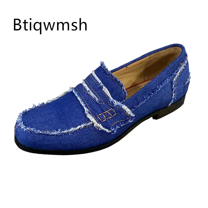 Mocassins Homme Denim Bleu Bout Pointu Glands Slip-On – CLEVI Paris