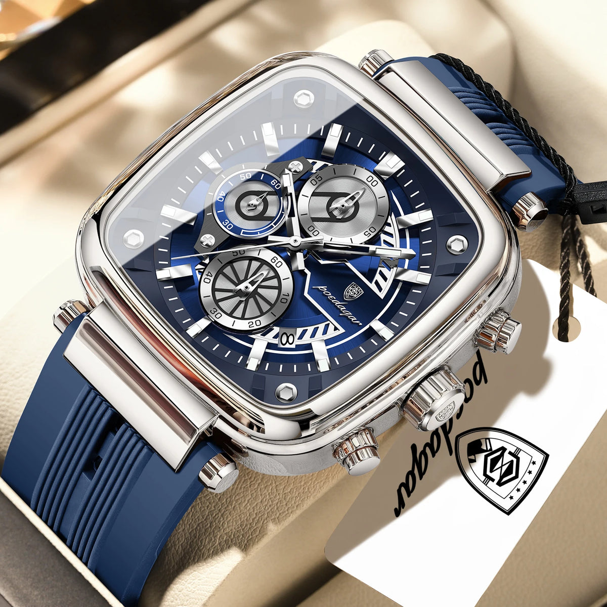 POEDAGAR 849 Montre Homme Quartz Carrée Chronographe Silicone Lumineux 30M – CLEVI Paris