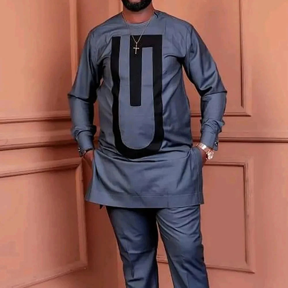 Ensemble 2 Pièces Homme Style Africain Chemise Manches Longues Col Rond + Pantalon Cordon Élégant XS-XXL – CLEVI Paris