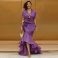 Robe de soirée sirène col V en satin – CLEVI Paris