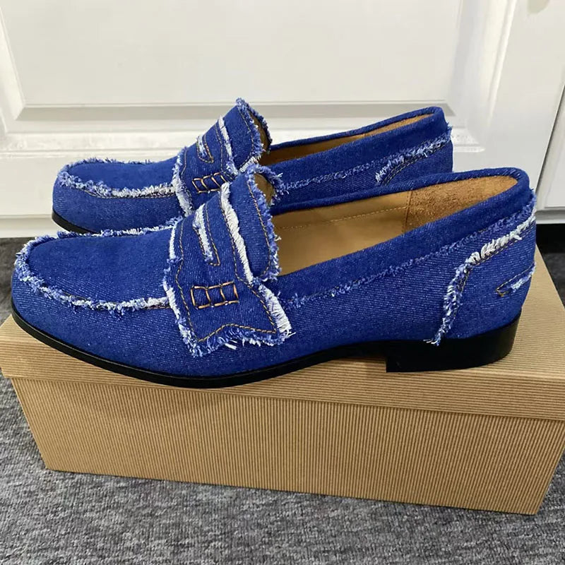 Mocassins Homme Denim Bleu Bout Pointu Glands Slip-On – CLEVI Paris