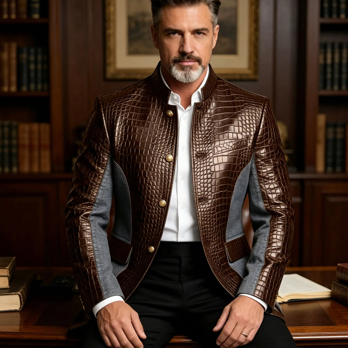 Blazer en cuir PU de luxe marron pour homme, effet croco, patchwork denim, col montant, coupe ajustée, idéal pour affaires, décontracté ou soirée