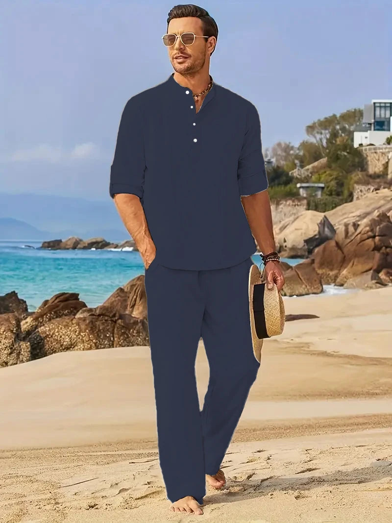 Ensemble Homme Chemise Henley Manches Longues Col Tunisien + Pantalon Taille Élastique Coton Lin Casual Été 8 Coloris – CLEVI Paris