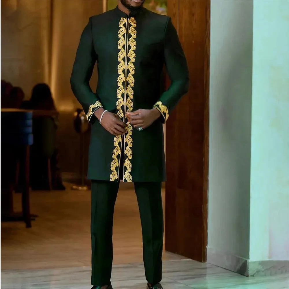 Ensemble Kaftan Homme 2 Pièces Broderie Manches Longues Col Rond + Pantalon Cordon Style Africain Mariage M-4XL – CLEVI Paris