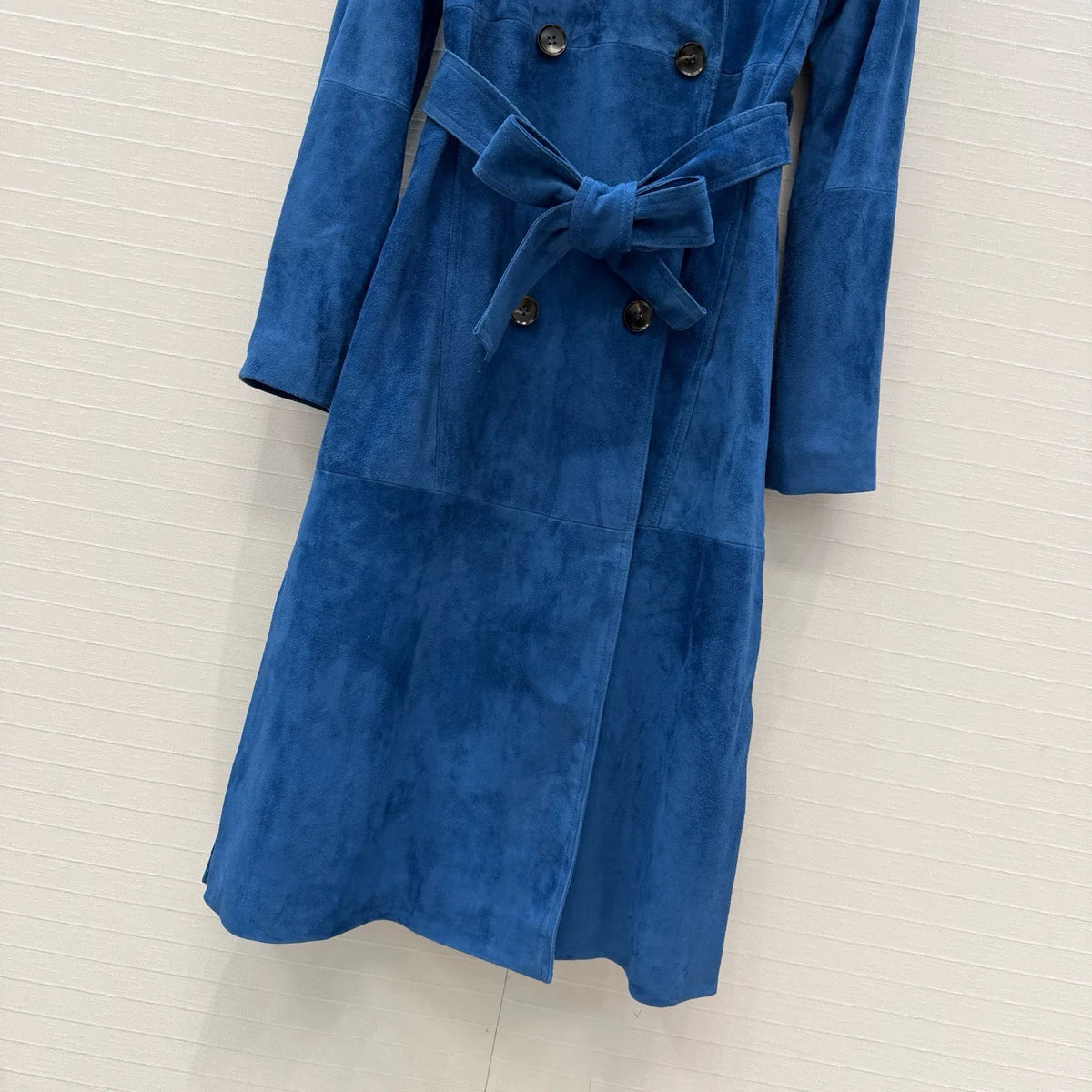 Manteau long femme bleu à ceinture – CLEVI Paris