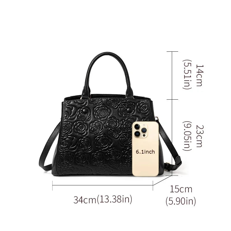 Sac Cabas Femme Cuir Véritable Roses 3D Gaufrées Noir – CLEVI Paris