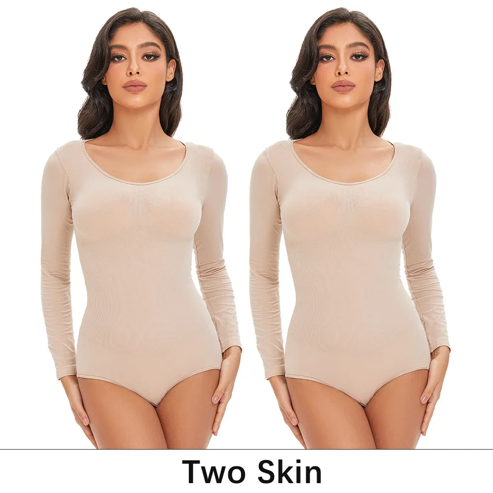 Gaine Gainante Femme Bodysuit Manches Longues Col Rond Sans Couture Contrôle Ferme Entrejambe Ouvert Minceur S-XXL – CLEVI Paris