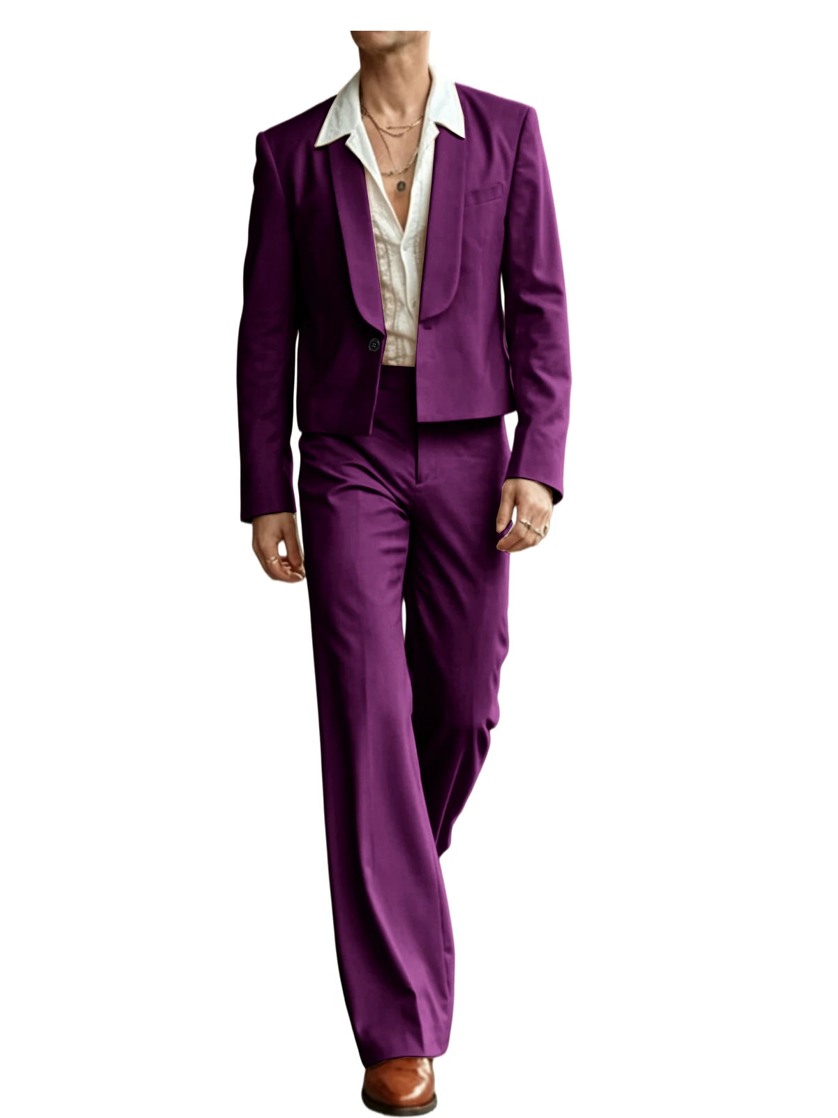 Costume 2 Pièces Homme Blazer Court Col Châle + Pantalon Évasé Taille Haute Style Vintage Slim Fit – CLEVI Paris