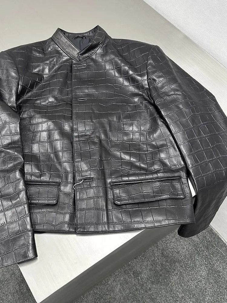 Veste homme en cuir noir motif crocodile – CLEVI Paris