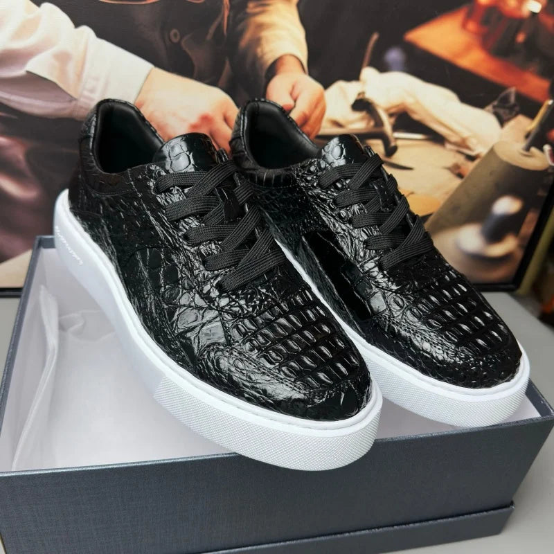 Sneakers Cuir Croco Noir Lacets Croisés Homme – CLEVI Paris