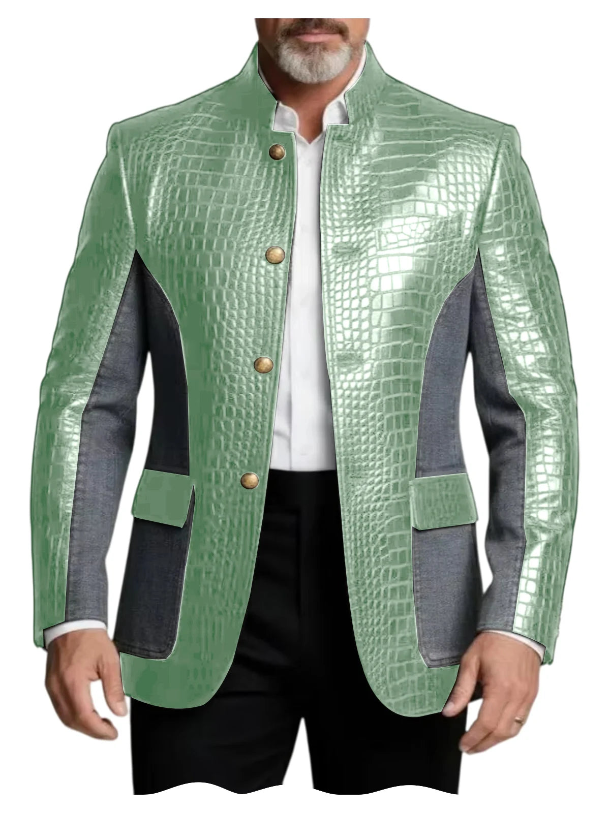 Blazer en cuir PU de luxe marron pour homme, effet croco, patchwork denim, col montant, coupe ajustée, idéal pour affaires, décontracté ou soirée