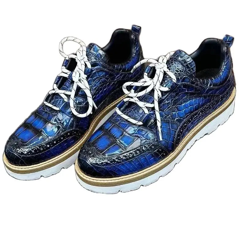 Sneakers Cuir Crocodile Homme Bout Rond Lacets Bleu – CLEVI Paris