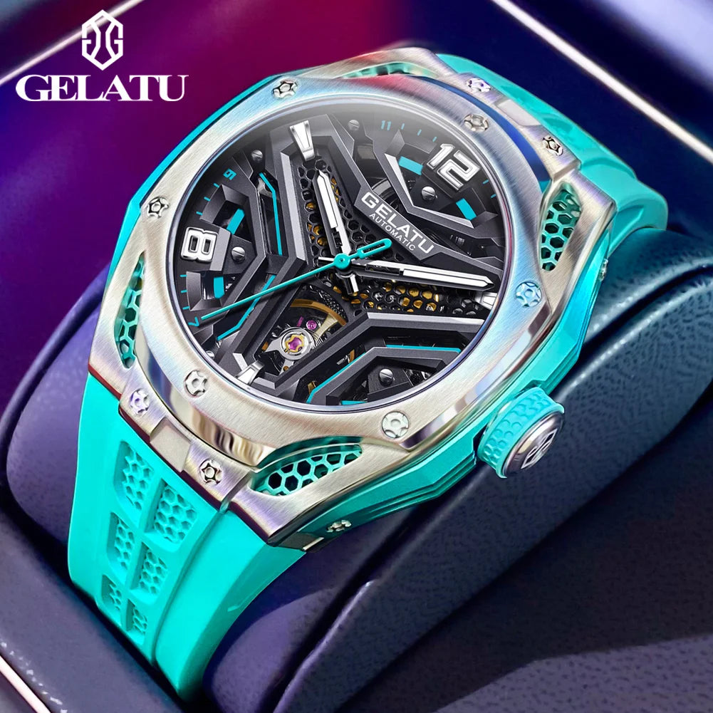Montre Mécanique Homme GELATU 6007 – Squelette Automatique, Saphir & Bracelet Silicone Sport