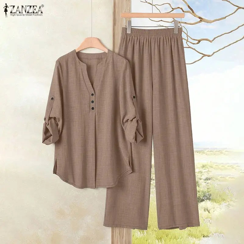 Ensemble 2 Pièces Femme Blouse Col V Manches Longues Demi-Boutonnée + Pantalon Large Taille Mi-Haute Élastique Casual Bohème Marron Clair Bleu Noir – CLEVI Paris