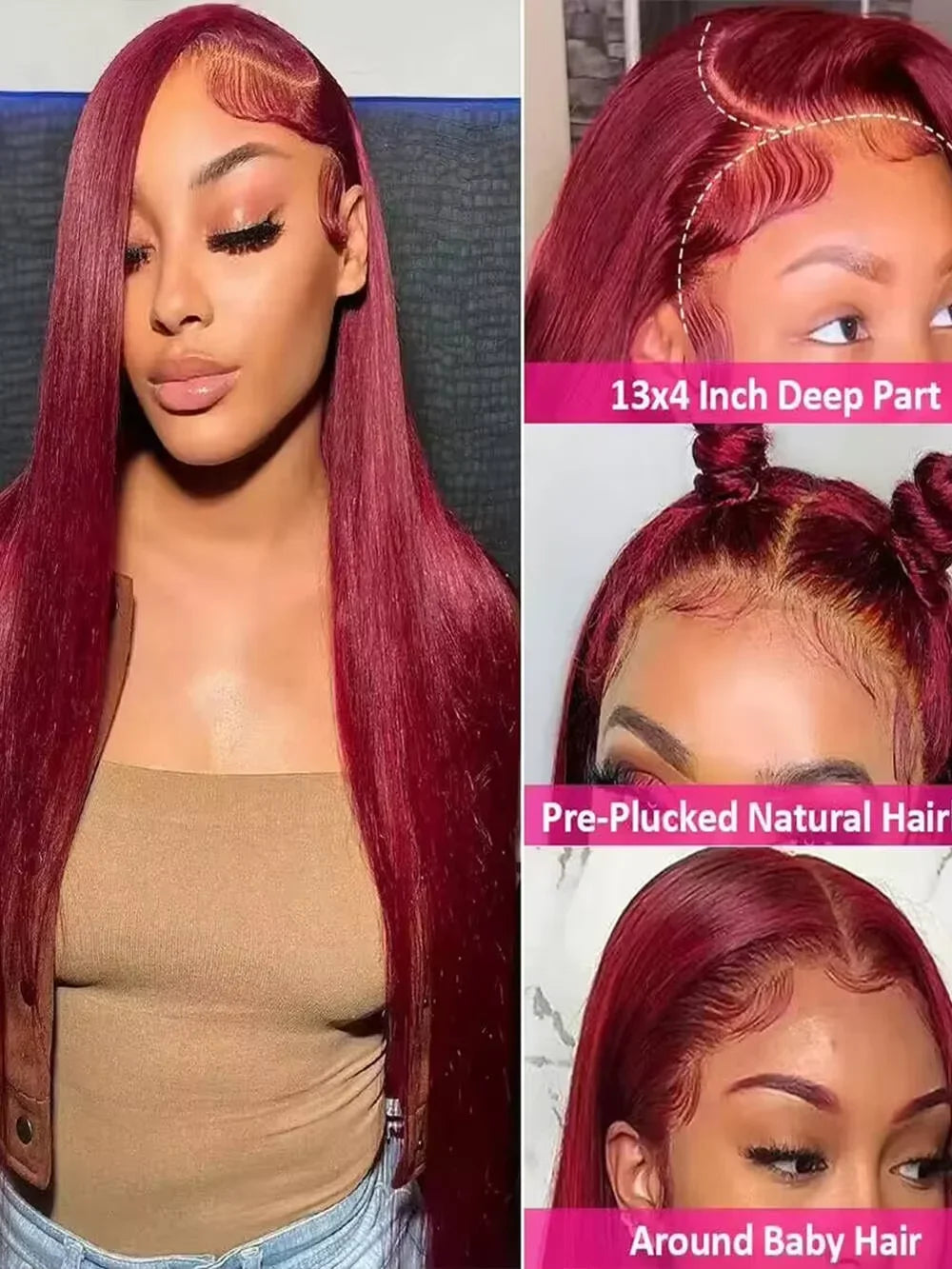 Perruque Lace Front HD 99J Bordeaux Cheveux Remy Lisse – CLEVI Paris