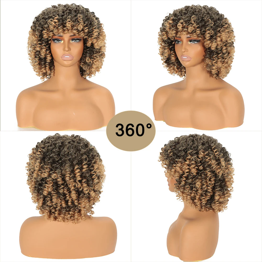 Perruque Synthétique Courte Afro Kinky Curly Avec Frange 180% 6 Teintes 14 Pouces – CLEVI Paris