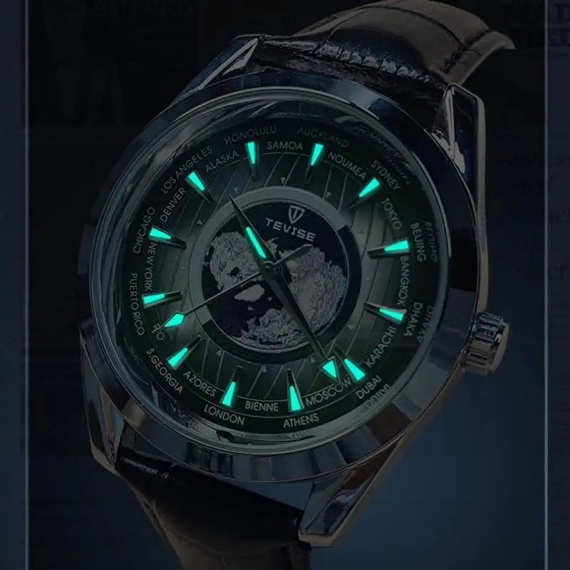 Montre Mécanique Globe Terrestre TEVISE Homme Cuir – CLEVI Paris