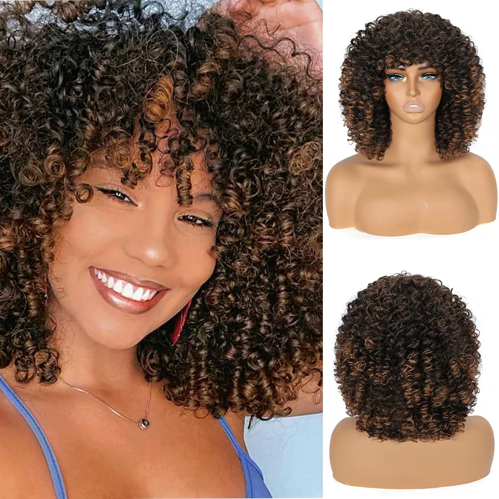 Perruque Synthétique Courte Afro Kinky Curly Avec Frange 180% 6 Teintes 14 Pouces – CLEVI Paris