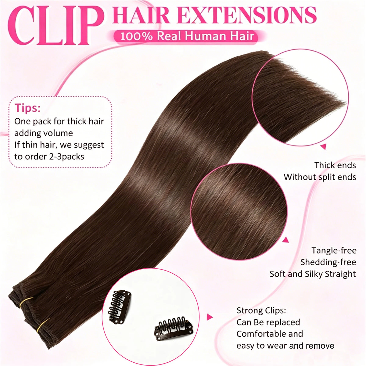 Extensions Cheveux Humains Clip-In Straight 8Pcs – CLEVI Paris