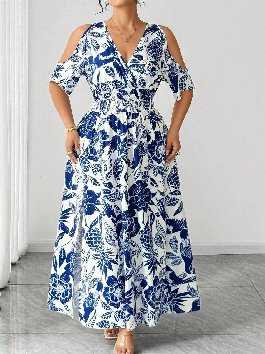 Robe Bohème Grande Taille Femme Imprimé Floral & Oiseaux Taille Cintrée Vacances – CLEVI Paris