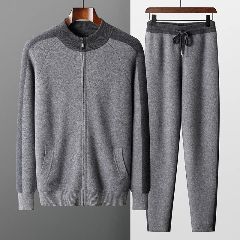 Ensemble 2 Pièces Homme 100% Cachemire MVLYFLRT – Cardigan Col Montant Zippé + Pantalon Slim Bicolore – 3 Coloris – CLEVI Paris