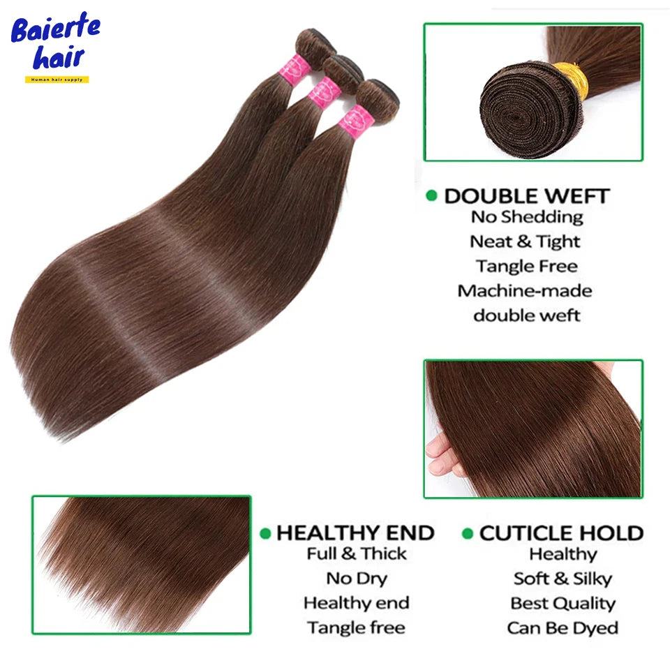 Bundles Cheveux Humains Lisses Brun Chocolat #4 Brésiliens Vierges Baierte – CLEVI Paris